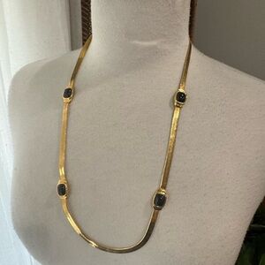 Vintage Gold Necklace w/ Black Oval Stones | 34”‎ Long